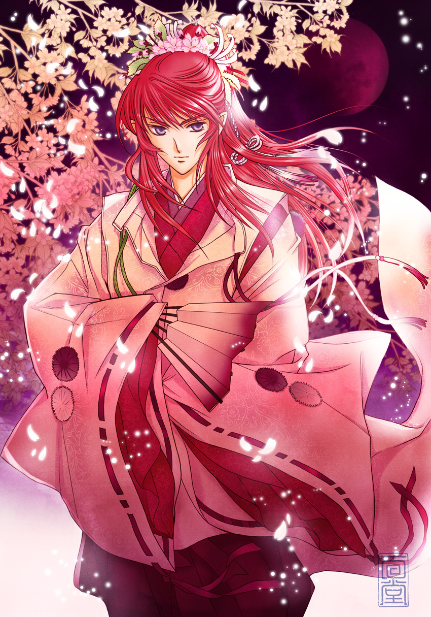 1boy cherry_blossoms closed_mouth cowboy_shot fan floating_hair flower folding_fan full_moon hair_flower hair_ornament highres holding holding_fan japanese_clothes kariginu kazuki-mendou long_sleeves looking_at_viewer male_focus moon original pants pointy_ears red_moon redhead sleeves_past_fingers sleeves_past_wrists solo standing violet_eyes wide_sleeves