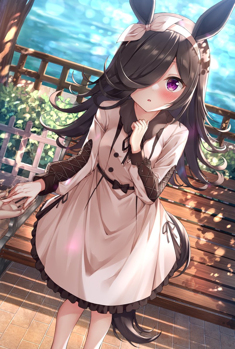 1girl animal_ears bench black_hair blurry blurry_background blush casual dress fence hair_over_one_eye hands horse_ears horse_girl horse_tail long_hair ocean pov rice_shower_(umamusume) rong_yi_tan solo_focus tail umamusume violet_eyes