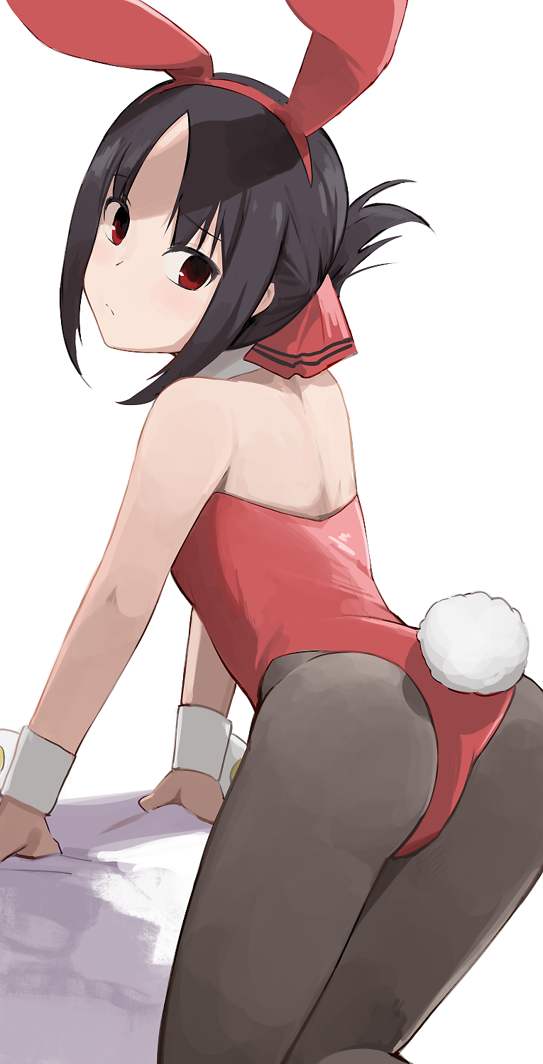 1girl animal_ears ass black_hair black_legwear bunny_tail fake_animal_ears fake_tail folded_ponytail hair_ribbon highres hiroki_(yyqw7151) kaguya-sama_wa_kokurasetai_~tensai-tachi_no_renai_zunousen~ looking_back pantyhose playboy_bunny rabbit_ears red_eyes red_ribbon ribbon shinomiya_kaguya short_hair simple_background solo tail white_background