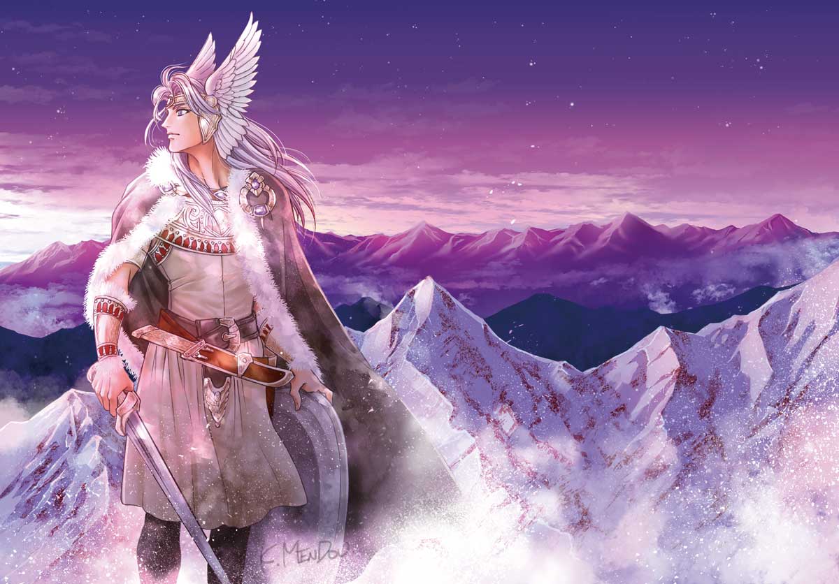 1boy belt brown_cape cape closed_mouth commentary_request dagger floating_hair gladius grey_eyes helmet holding holding_sword holding_weapon kazuki-mendou mountain negative_space nibelungenlied profile purple_sky scabbard sheath siegfried_(nibelungenlied) signature snow solo sunset sword tunic weapon winged_helmet