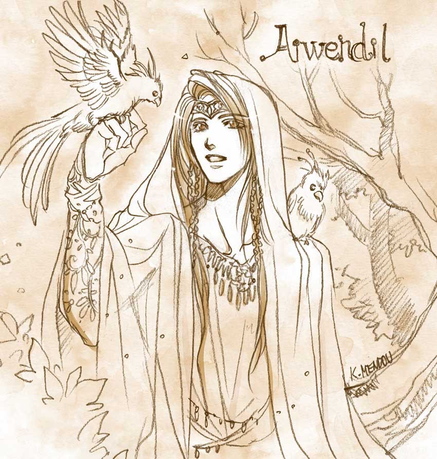 1boy :d bird brown_theme character_name circlet cloak commentary_request dated hand_up hood hood_up hooded_cloak jewelry kazuki-mendou male_focus monochrome necklace one-hour_drawing_challenge open_mouth radagast signature silmarillion smile solo younger
