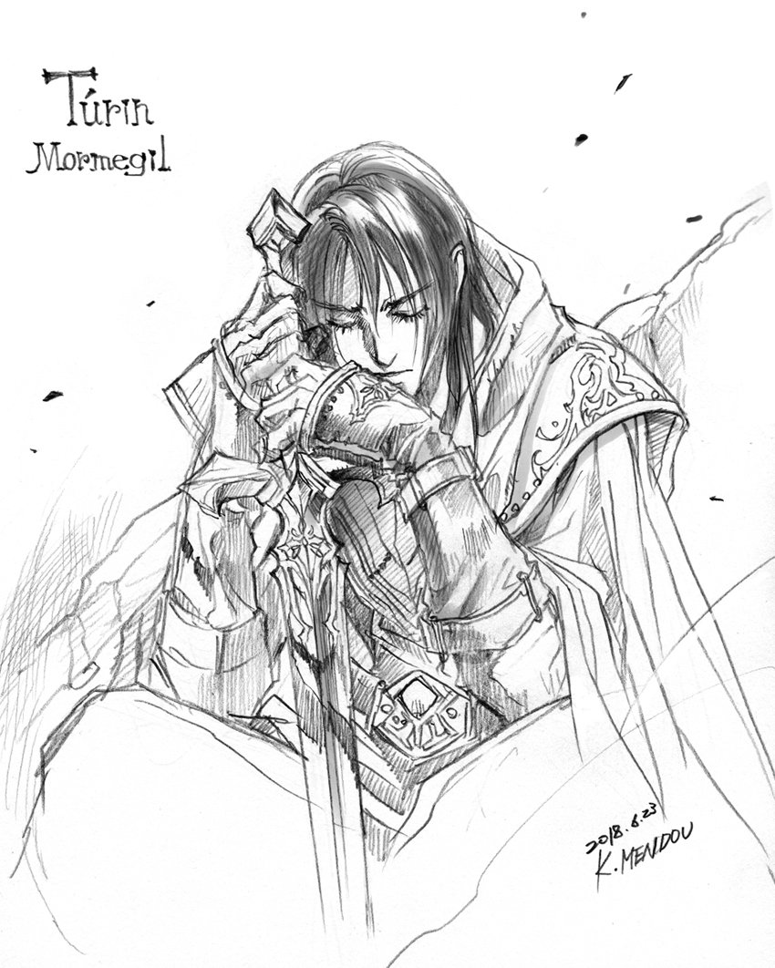 1boy closed_eyes closed_mouth dated graphite_(medium) greyscale hands_on_hilt holding holding_sword holding_weapon kazuki-mendou male_focus monochrome one-hour_drawing_challenge signature silmarillion sitting solo sword traditional_media turin weapon