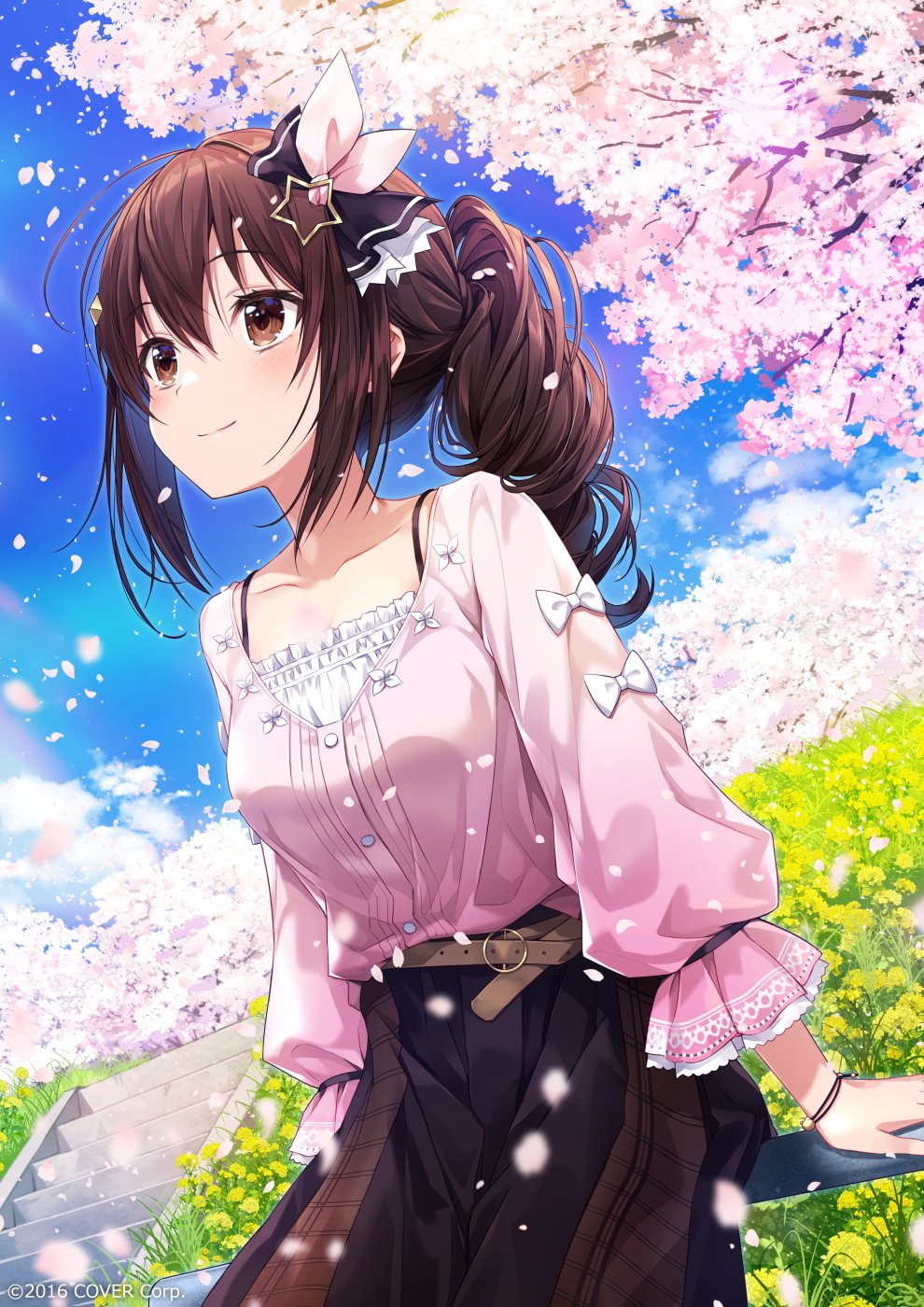 1girl against_railing amagai_tarou belt black_ribbon black_skirt blue_sky blurry blush bra_strap breasts brown_belt brown_eyes brown_hair cherry_blossoms closed_mouth clouds cloudy_sky collarbone commentary cowboy_shot day depth_of_field eyebrows_visible_through_hair flower hair_between_eyes hair_ornament hair_ribbon highres hololive long_hair medium_breasts official_alternate_costume official_art outdoors petals pink_ribbon pink_shirt ponytail ribbon shirt shirt_tucked_in skirt sky smile solo stairs star_(symbol) star_hair_ornament tokino_sora tree virtual_youtuber watermark wind wristband yellow_flower