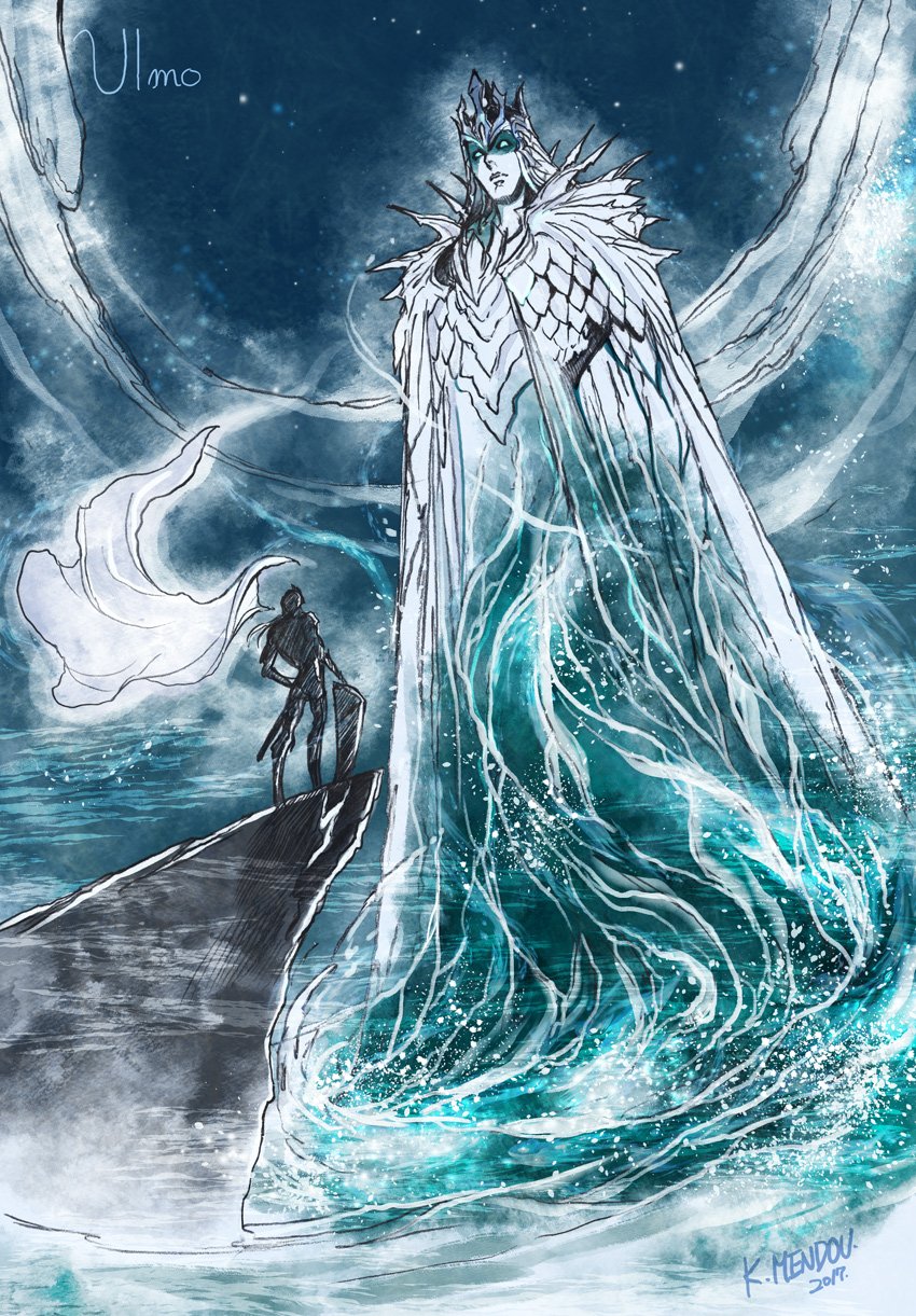 2boys armor blue_theme cape cliff closed_mouth crown dated giant highres kazuki-mendou male_focus monochrome multiple_boys ocean one-hour_drawing_challenge shield signature silmarillion tuor ulmo