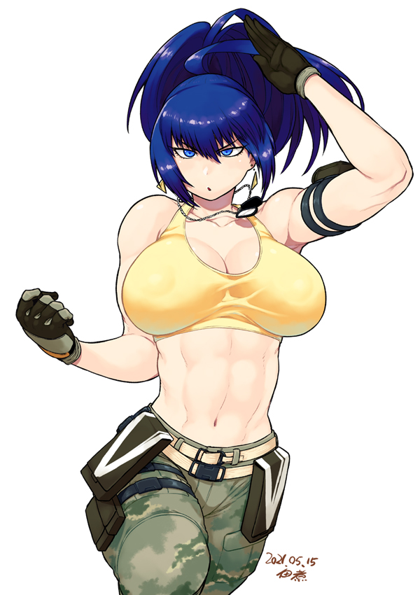1girl abs ammunition_pouch armlet bare_shoulders belt blue_eyes blue_hair breasts camouflage camouflage_pants dog_tags earrings eyes gloves jewelry large_breasts leona_heidern midriff military military_uniform muscular muscular_female pants ponytail pouch sleeveless solo standing tank_top the_king_of_fighters the_king_of_fighters_xiv the_king_of_fighters_xv triangle_earrings tsukudani_(coke-buta) uniform white_background yellow_tank_top