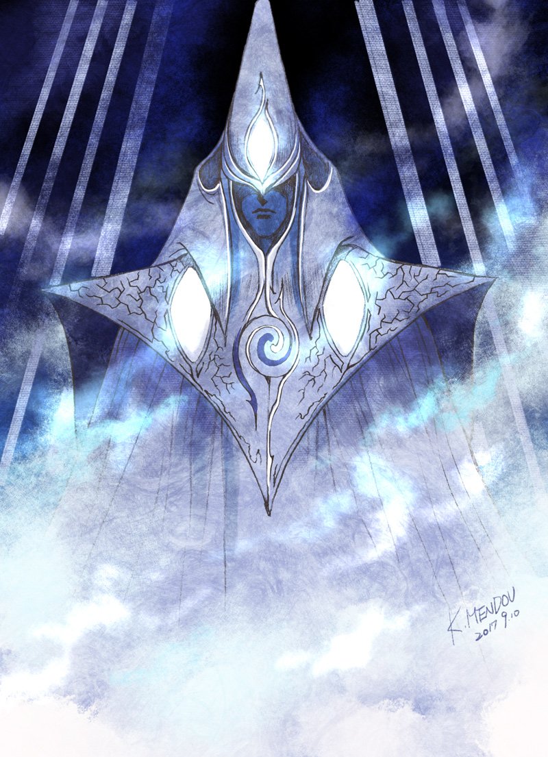 1boy blue_skin blue_theme cloak closed_mouth colored_skin covered_eyes dated fog kazuki-mendou male_focus mandos monochrome one-hour_drawing_challenge signature silmarillion solo upper_body