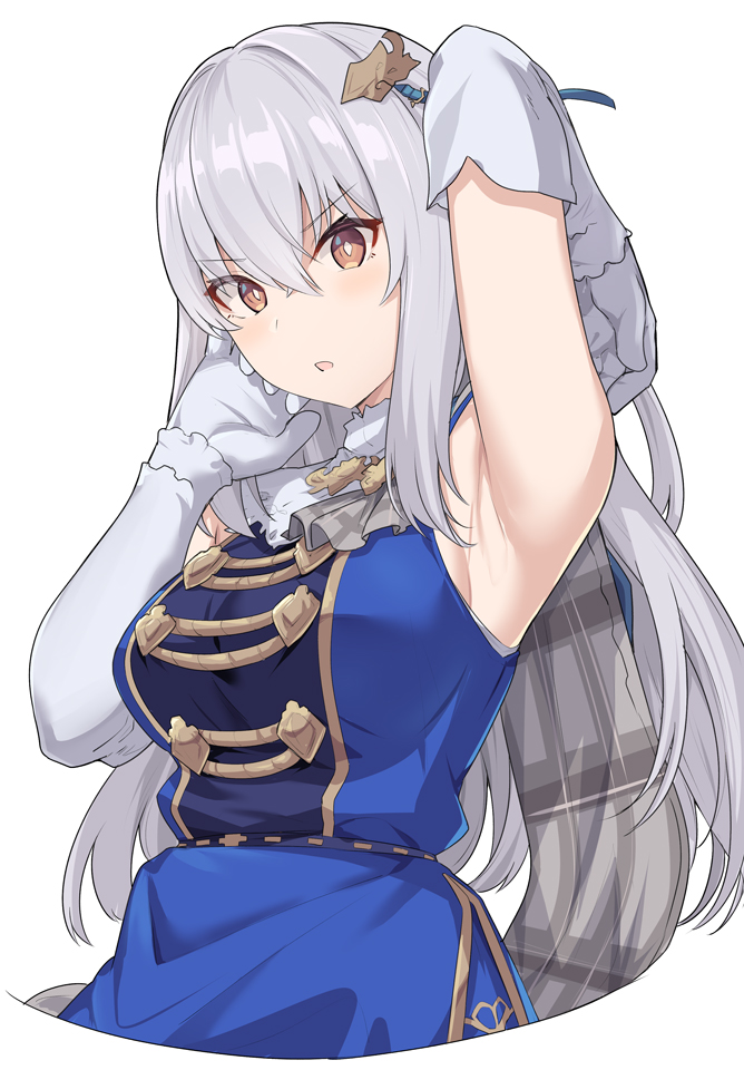 1girl :o arm_up armpit_peek armpits blue_dress breasts brown_eyes dress elbow_gloves eyebrows_visible_through_hair eyes_visible_through_hair final_fantasy final_fantasy_brave_exvius glaciela_wezette gloves grey_hair hair_ornament hand_on_own_face large_breasts long_hair looking_at_viewer plaid plaid_scarf scarf shiseki_hirame silver_hair simple_background war_of_the_visions:_final_fantasy_brave_exvius yellow_eyes