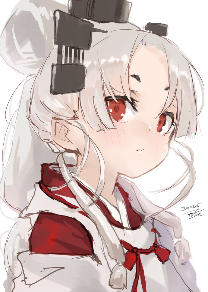 1girl albino alternate_eye_color alternate_hair_color blush closed_mouth dated japanese_clothes kantai_collection long_hair nisshin_(kancolle) portrait red_eyes signature simple_background solo toka_(marchlizard) very_long_hair white_background white_hair