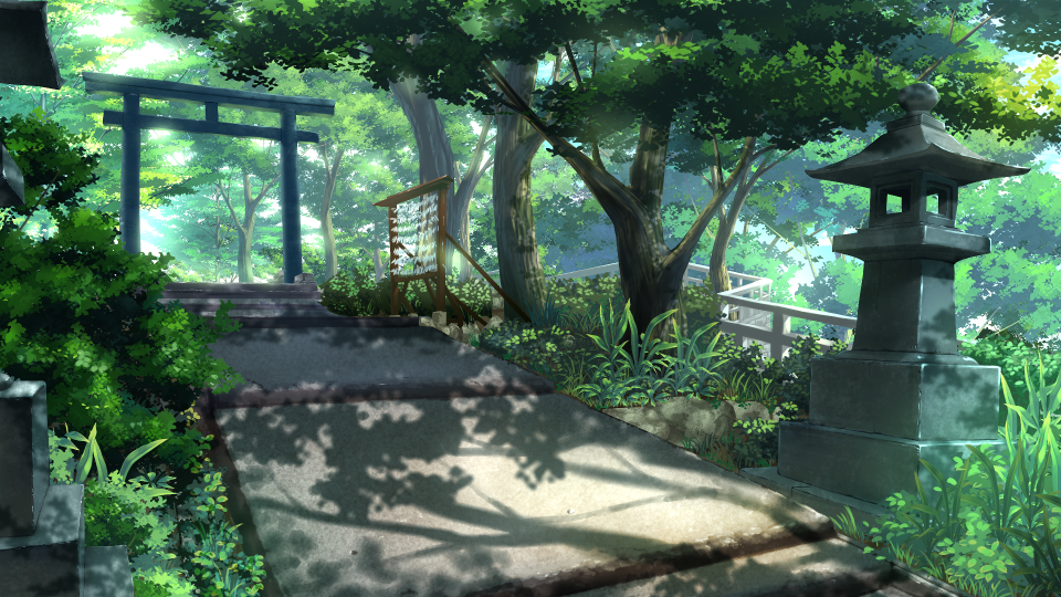 day grass no_humans o_(rakkasei) original outdoors path railing scenery stone_lantern sunlight torii tree