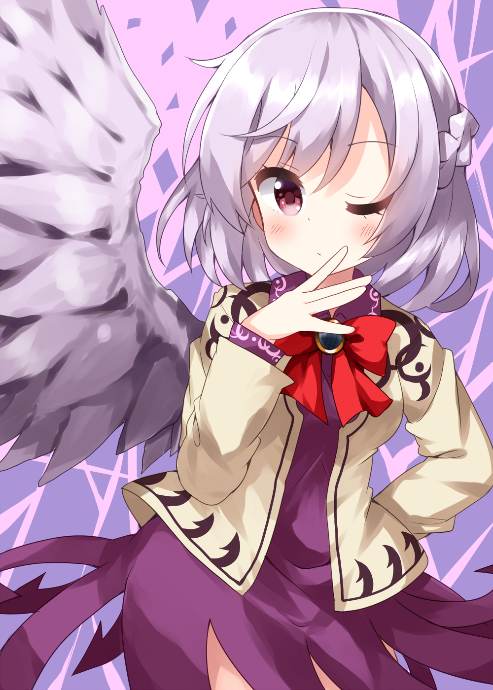 1girl beige_jacket blush braid commentary_request dress feathered_wings french_braid hand_on_hip highres kishin_sagume looking_at_viewer medium_hair one_eye_closed purple_dress red_eyes ruu_(tksymkw) single_wing solo touhou white_hair white_wings wings