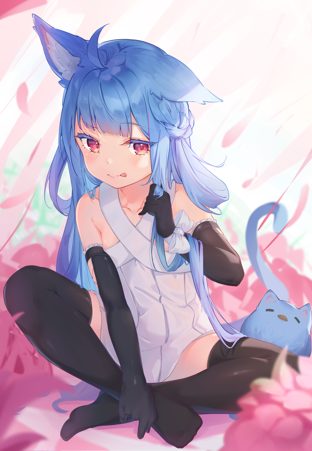 1girl :p ahoge animal_ear_fluff animal_ears bangs bare_shoulders black_gloves black_legwear blue_hair blush collarbone commentary dress elbow_gloves eyebrows_visible_through_hair full_body gloves hand_up highres holding holding_hair long_hair looking_at_viewer mishuo_(misuo69421) no_shoes original red_eyes sitting solo symbol_commentary tail tail_raised thigh-highs tongue tongue_out very_long_hair white_dress