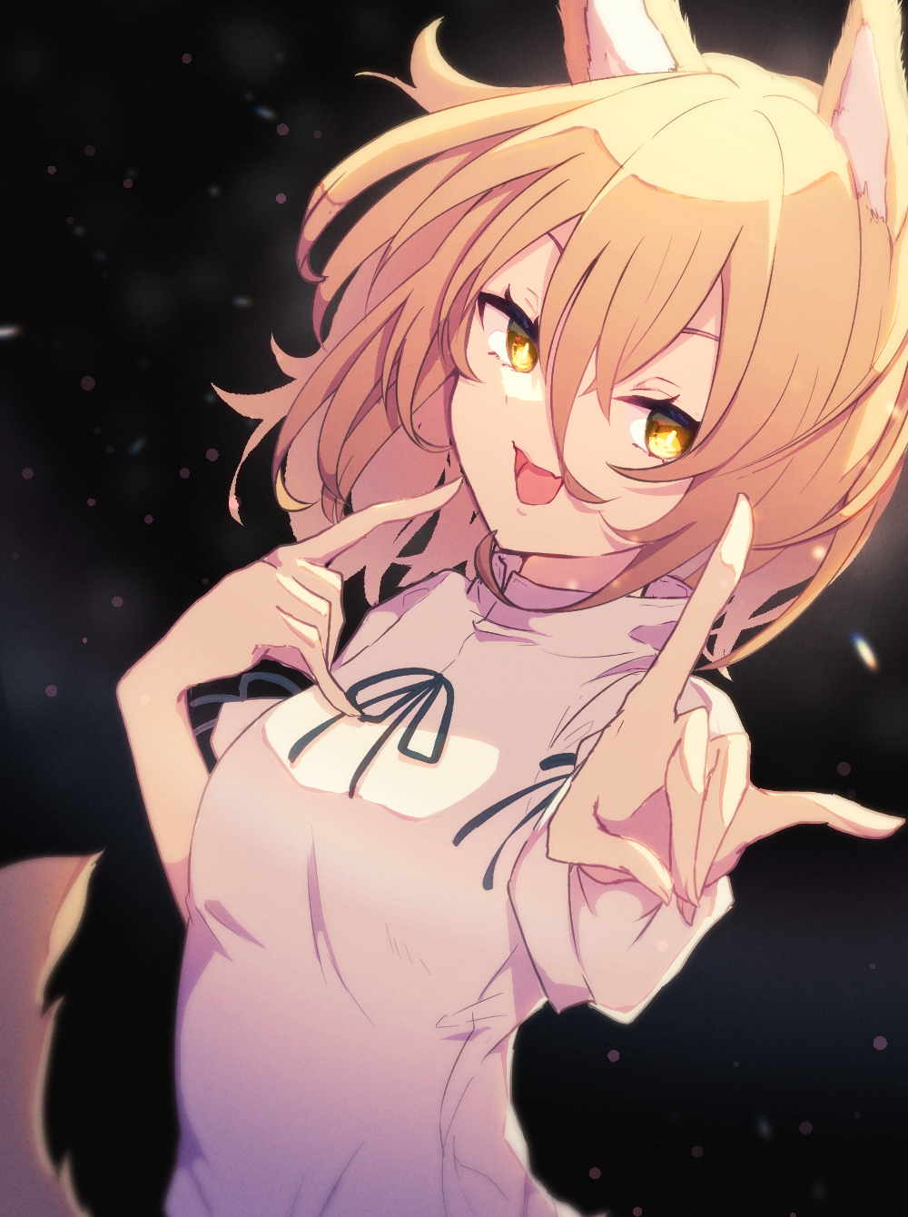 1girl :d animal_ears aoi_(annbi) blonde_hair breasts bright_pupils dark_background fox_ears fox_shadow_puppet fox_tail hand_up highres kudamaki_tsukasa looking_at_viewer medium_breasts medium_hair open_mouth romper simple_background smile solo tail touhou white_jumpsuit yellow_eyes
