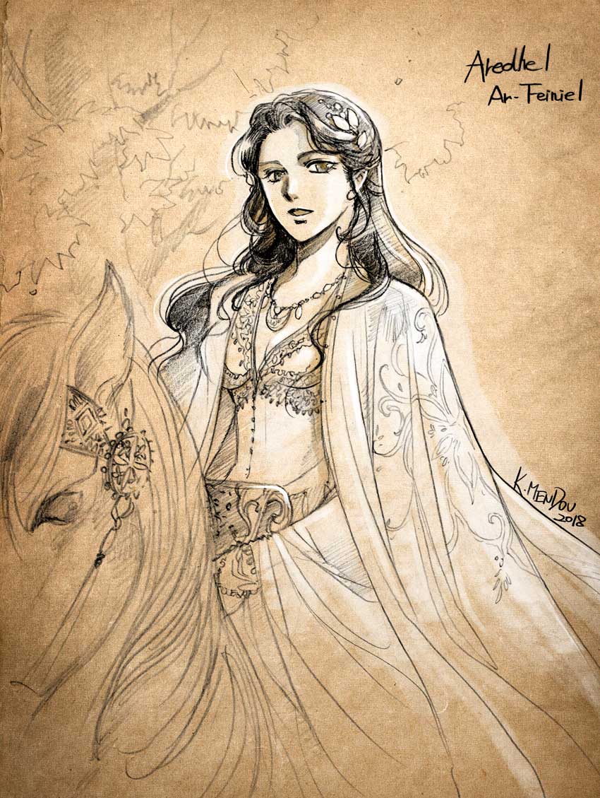 1girl :d aredhel belt cape character_name dated dress horseback_riding kazuki-mendou looking_at_viewer monochrome one-hour_drawing_challenge open_mouth pointy_ears riding sepia signature silmarillion smile solo