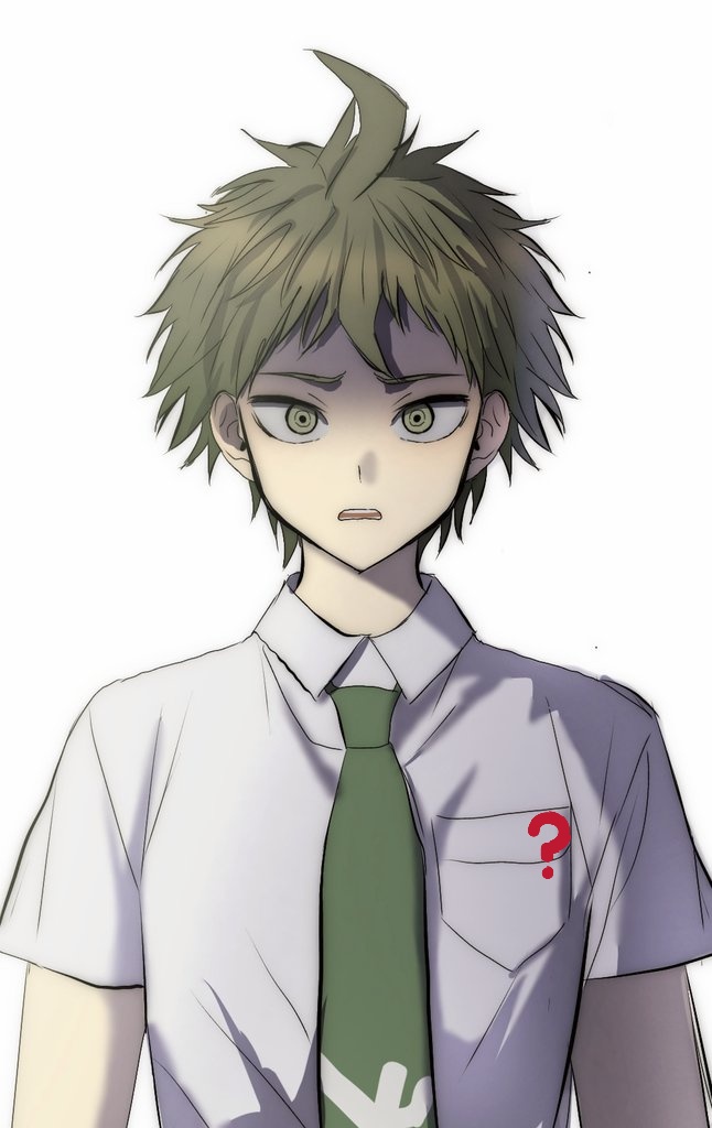 1boy ? ahoge balgarag_(toe5o) bangs breast_pocket brown_eyes brown_hair collared_shirt dangan_ronpa_(series) dangan_ronpa_2:_goodbye_despair green_neckwear hinata_hajime looking_at_viewer male_focus messy_hair necktie open_mouth pocket shaded_face shirt short_hair short_sleeves simple_background solo upper_body upper_teeth white_background white_shirt wing_collar