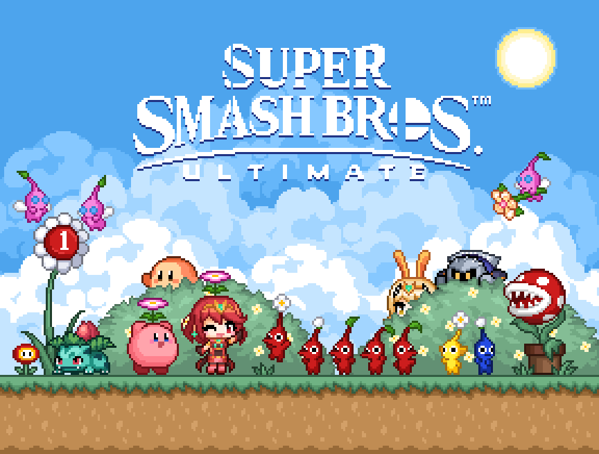 2girls 3reforged animal_ears blonde_hair clouds flower kirby kirby_(series) meta_knight mythra_(xenoblade) pikmin pikmin_(series) piranha_plant pixel_art pyra_(xenoblade) rabbit_ears red_eyes redhead sky sun super_smash_bros. waddle_dee xenoblade_chronicles_(series) xenoblade_chronicles_2 yellow_eyes