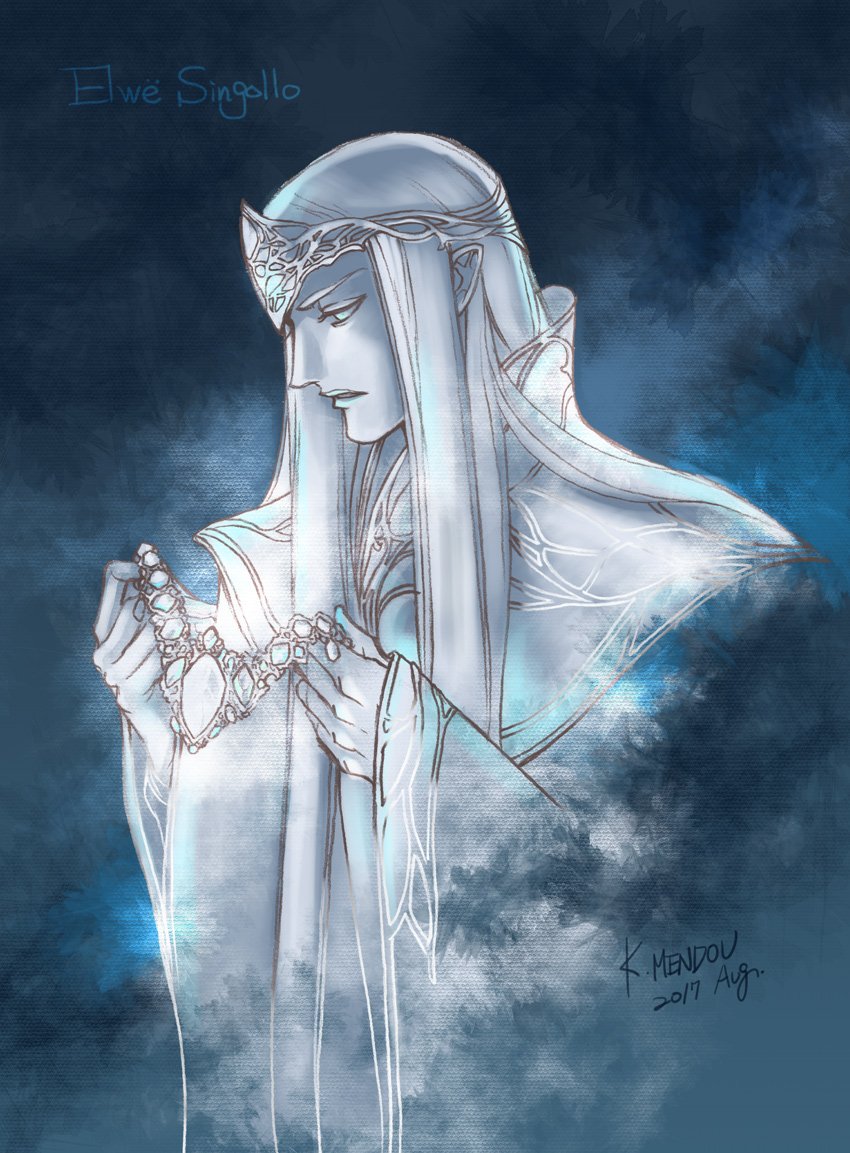 1boy blue_eyes blue_theme character_name closed_mouth crown dated elwe holding holding_jewelry holding_necklace jewelry kazuki-mendou long_hair male_focus monochrome necklace one-hour_drawing_challenge pointy_ears signature silmarillion solo upper_body