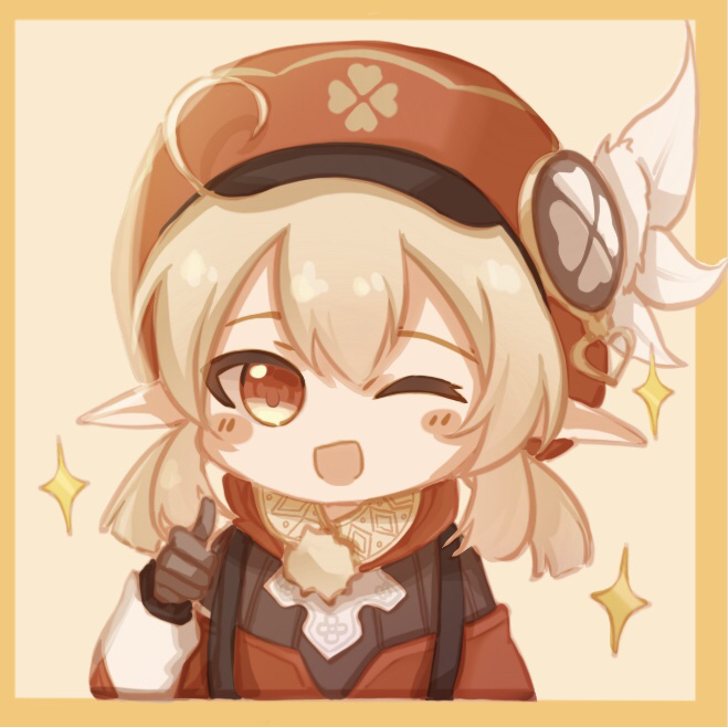 1girl :d akashin bangs beret blonde_hair border genshin_impact hat jacket klee_(genshin_impact) long_hair long_sleeves looking_at_viewer one_eye_closed open_mouth orange_background orange_border pointy_ears red_eyes red_headwear red_jacket simple_background smile solo star_(symbol) thumbs_up