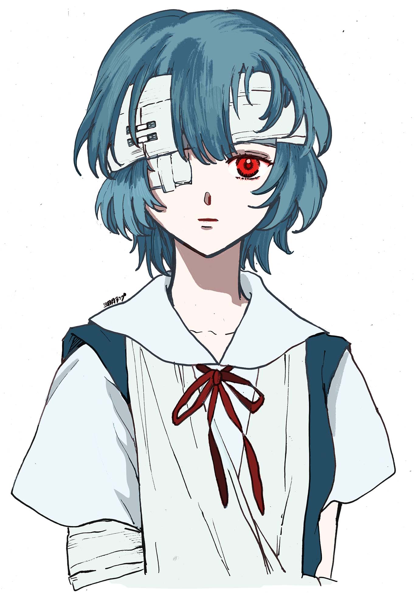 Safebooru - 1girl arm sling artist name ayanami rei bandage over one eye  bandaged head bandages blouse blue hair blue skirt collarbone collared  blouse commentary request expressionless highres neck ribbon neon genesis