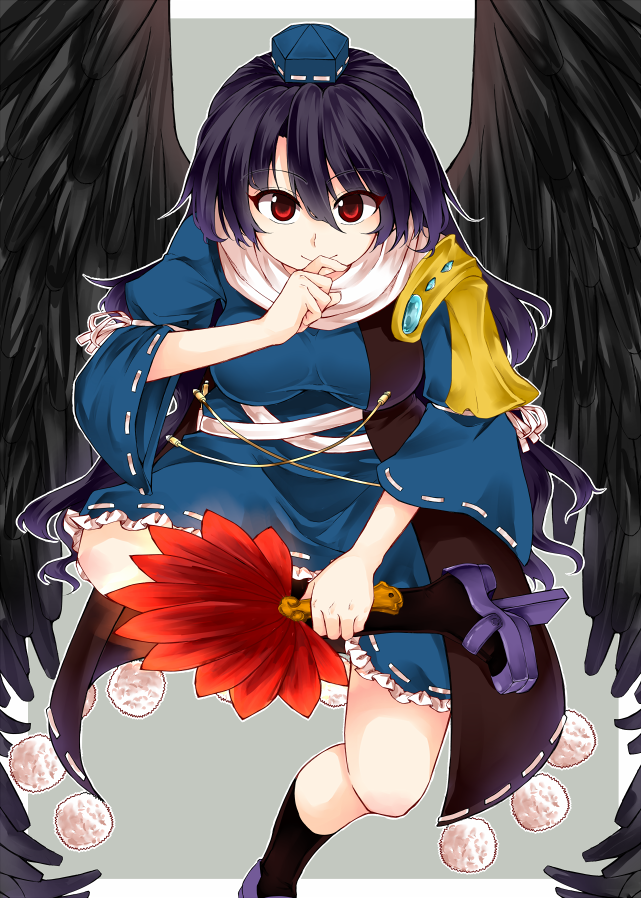 1girl bird_wings blue_dress breasts commentary_request covering_mouth dark_blue_hair dress fan finger_to_mouth foot_out_of_frame geta grey_background hand_up hat hauchiwa holding holding_fan iizunamaru_megumu large_breasts long_hair looking_at_viewer outline pom_pom_(clothes) red_eyes simple_background smile solo tengu-geta tokin_hat touhou white_outline wings zetsumame