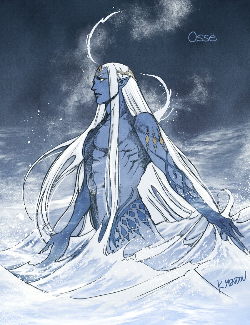 1boy blank_eyes blue_skin blue_theme colored_skin kazuki-mendou long_hair male_focus ocean one-hour_drawing_challenge osse_(silmarillion) parted_lips pointy_ears shirtless silmarillion solo very_long_hair white_hair yellow_eyes