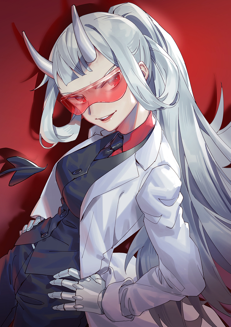 azazel_(helltaker) bangs coat demon_girl demon_horns demon_tail formal hand_on_hip helltaker horns labcoat looking_at_viewer loremaster_(helltaker) mechanical_arms necktie ponytail red_eyes safety_glasses sunglasses tail wenz white_legwear