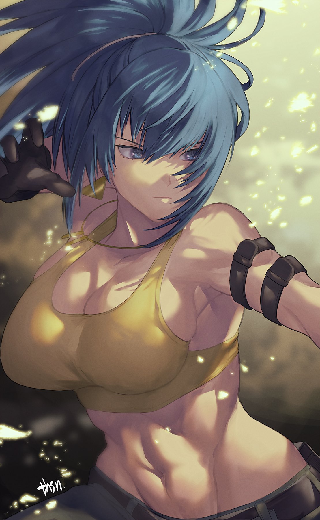 1girl abs ammunition_pouch armlet bare_shoulders belt blue_eyes blue_hair breasts camouflage camouflage_pants dog_tags earrings eyes gloves highres jewelry large_breasts leona_heidern midriff military military_uniform murata_tefu muscular muscular_female pants ponytail pouch signature sleeveless solo tank_top the_king_of_fighters the_king_of_fighters_xiv the_king_of_fighters_xv triangle_earrings uniform white_background yellow_tank_top