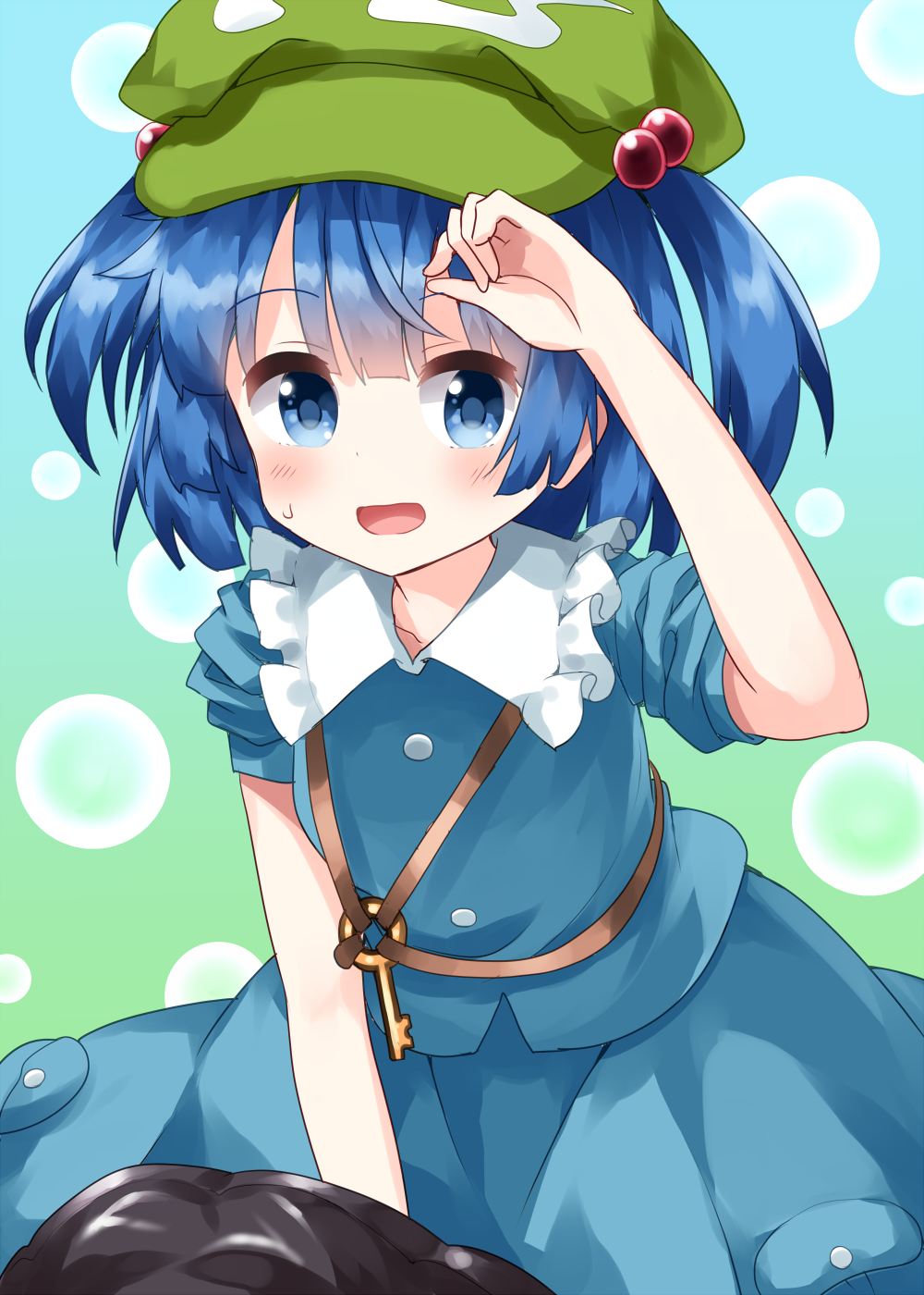 1girl :d bangs blue_eyes blue_hair blue_shirt blue_skirt commentary_request eyebrows_visible_through_hair frilled_shirt_collar frills green_headwear hair_bobbles hair_ornament hat highres kawashiro_nitori key looking_at_viewer open_mouth pouch ruu_(tksymkw) shirt skirt skirt_set sleeves_rolled_up smile solo touhou two_side_up