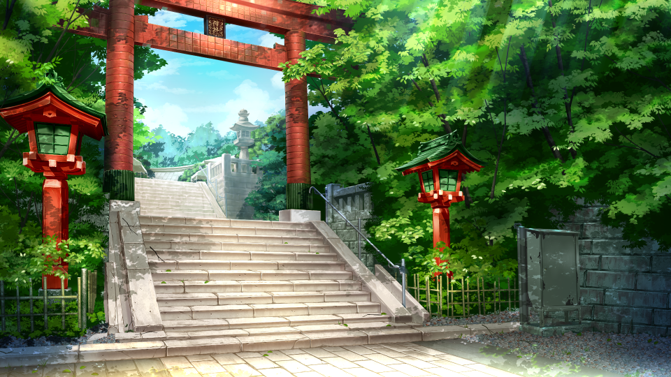 brick_wall day fence no_humans o_(rakkasei) original outdoors railing scenery stairs stone_stairs torii tree