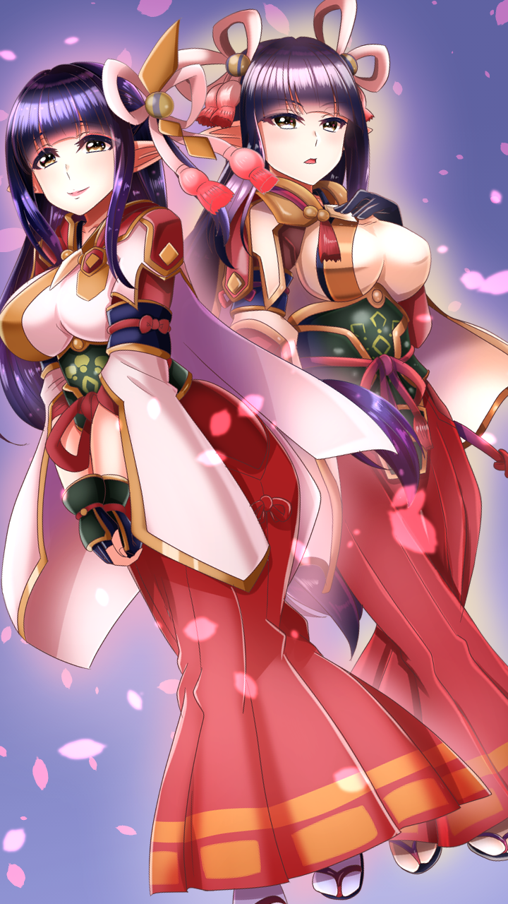 2girls black_hair blush hinoa japanese_clothes kimono long_hair minoto monster_hunter monster_hunter_(series) monster_hunter_rise pointy_ears shimadzu_kaname siblings twins