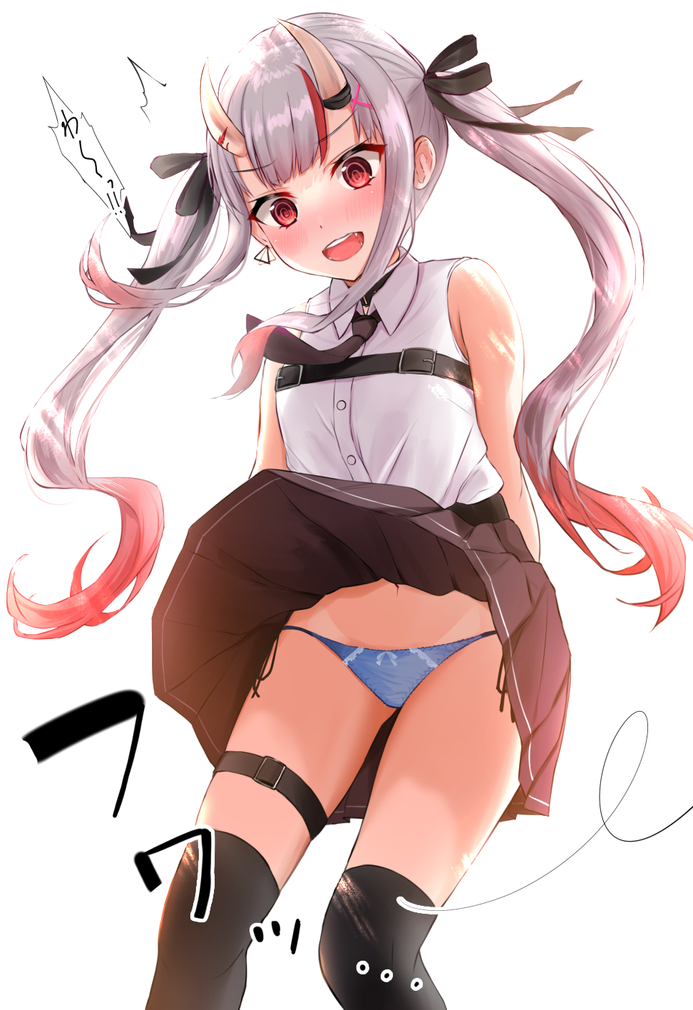 1girl @_@ bangs black_legwear black_skirt blue_panties blush commentary_request embarrassed ex_idol feet_out_of_frame highres hololive long_hair looking_at_viewer nakiri_ayame navel necktie open_mouth panties red_eyes shirt silver_hair skirt sleeveless sleeveless_shirt solo thigh-highs thigh_strap twintails underwear virtual_youtuber white_background white_shirt