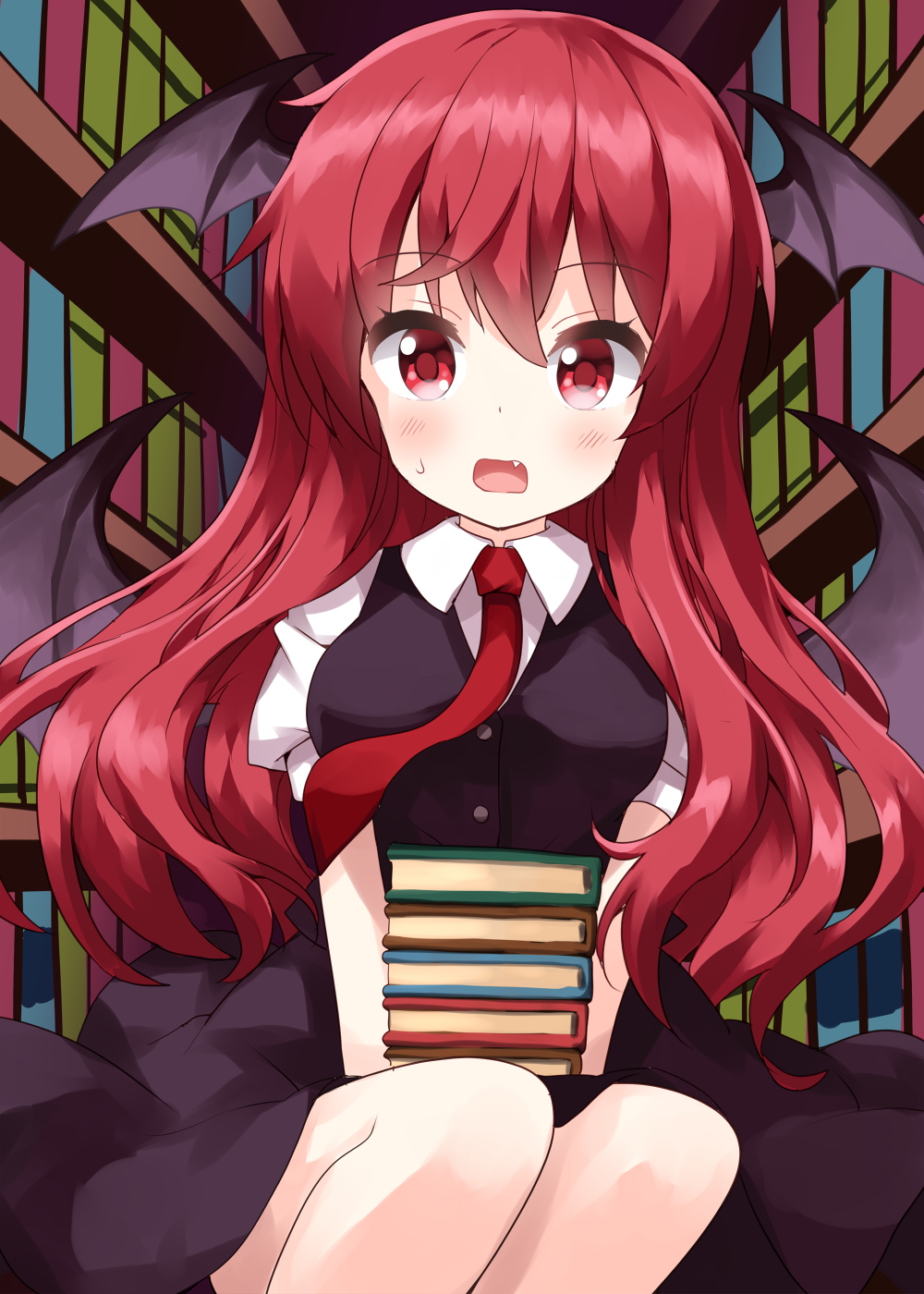 1girl bangs bat_wings black_skirt black_vest book book_stack bookshelf commentary_request eyebrows_visible_through_hair fang hair_between_eyes head_wings highres holding holding_book indoors koakuma library long_hair looking_at_viewer necktie open_mouth puffy_short_sleeves puffy_sleeves red_neckwear redhead ruu_(tksymkw) shirt short_sleeves skirt solo touhou vest white_shirt wings