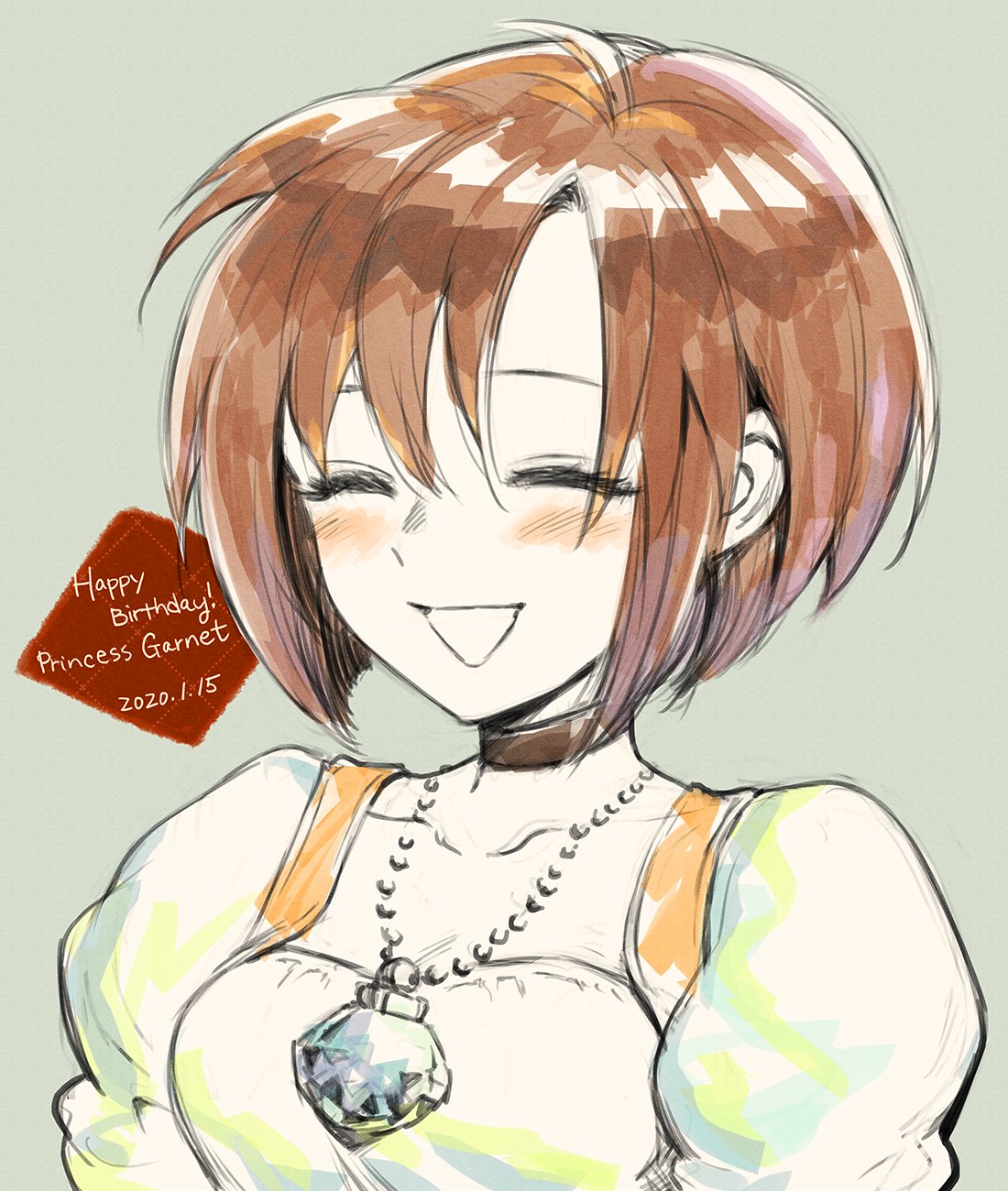 1girl breasts brown_hair choker final_fantasy final_fantasy_ix garnet_til_alexandros_xvii highres jewelry necklace short_hair simple_background smile solo uboar