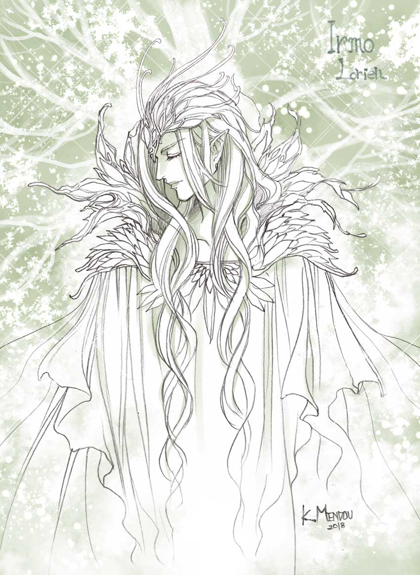 1boy cape character_name closed_eyes closed_mouth crown graphite_(medium) green_theme irmo kazuki-mendou male_focus monochrome one-hour_drawing_challenge pointy_ears silmarillion solo traditional_media