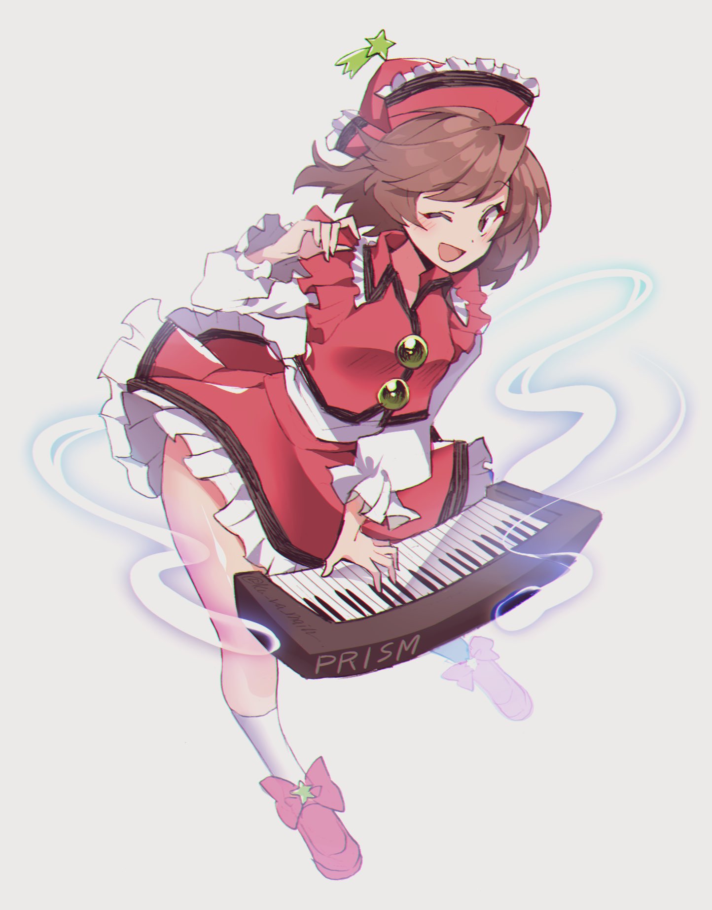 1girl ;d bangs bow brown_hair eyebrows_visible_through_hair falling_star footwear_bow frilled_skirt frills full_body hat_ornament highres instrument keyboard_(instrument) kuroshirase long_sleeves lyrica_prismriver music one_eye_closed open_mouth playing_instrument red_bow red_footwear red_headwear red_skirt red_vest shirt short_hair skirt smile solo star_(symbol) star_hat_ornament touhou vest white_legwear white_shirt