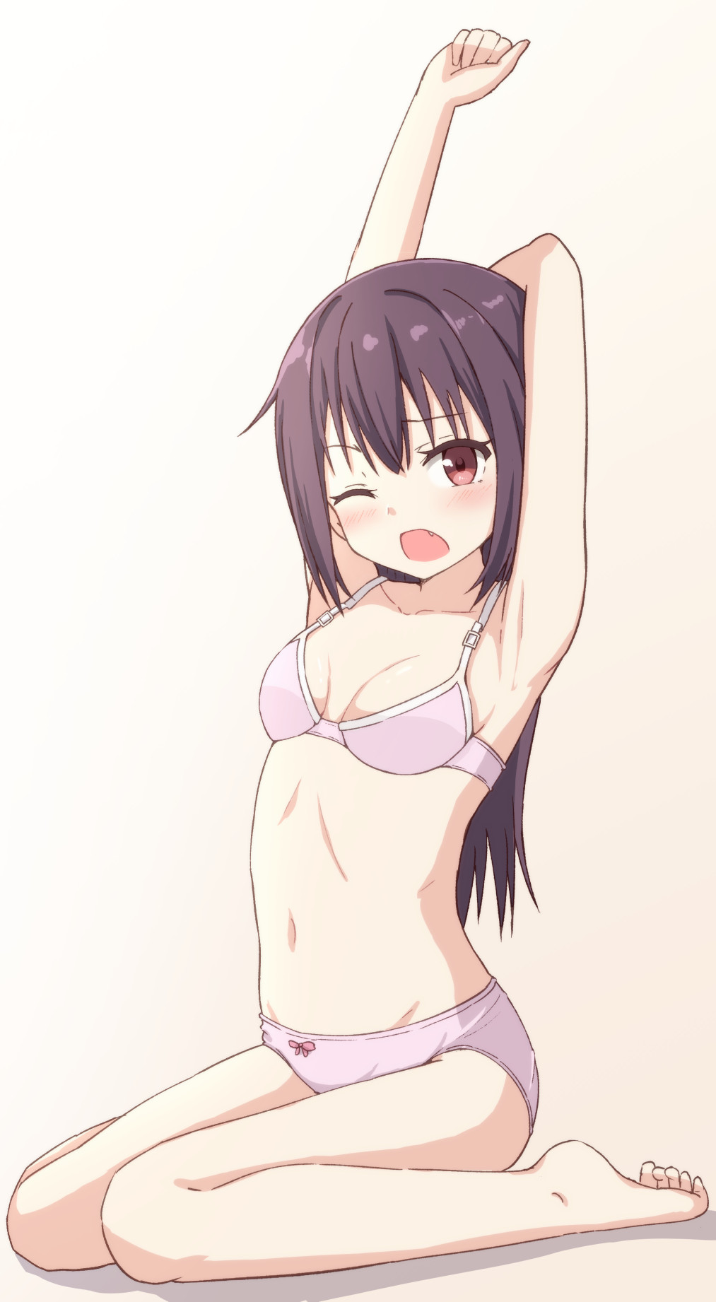 1girl armpits bangs blush breasts collarbone eyebrows_visible_through_hair fang highres hippo_(hirople) long_hair looking_at_viewer navel one_eye_closed open_mouth original panties purple_hair simple_background sitting small_breasts solo underwear waking_up wariza