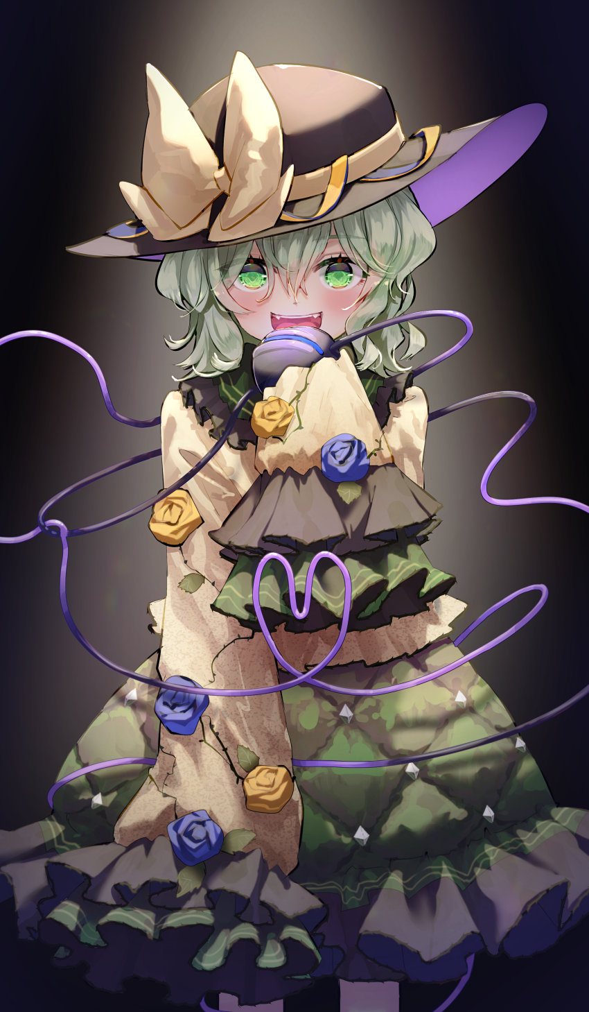 1girl black_background black_headwear blue_flower blue_rose blush bow commentary cowboy_shot eyebrows_visible_through_hair eyes_visible_through_hair fangs flower frilled_skirt frilled_sleeves frills gradient gradient_background green_eyes green_skirt hair_between_eyes hat hat_bow heart heart_of_string highres komeiji_koishi light_green_hair long_sleeves looking_at_viewer open_mouth rose shirt short_hair simple_background skirt sleeves_past_fingers sleeves_past_wrists smile solo standing stitches syuri22 third_eye touhou wide_sleeves yellow_bow yellow_flower yellow_rose yellow_shirt