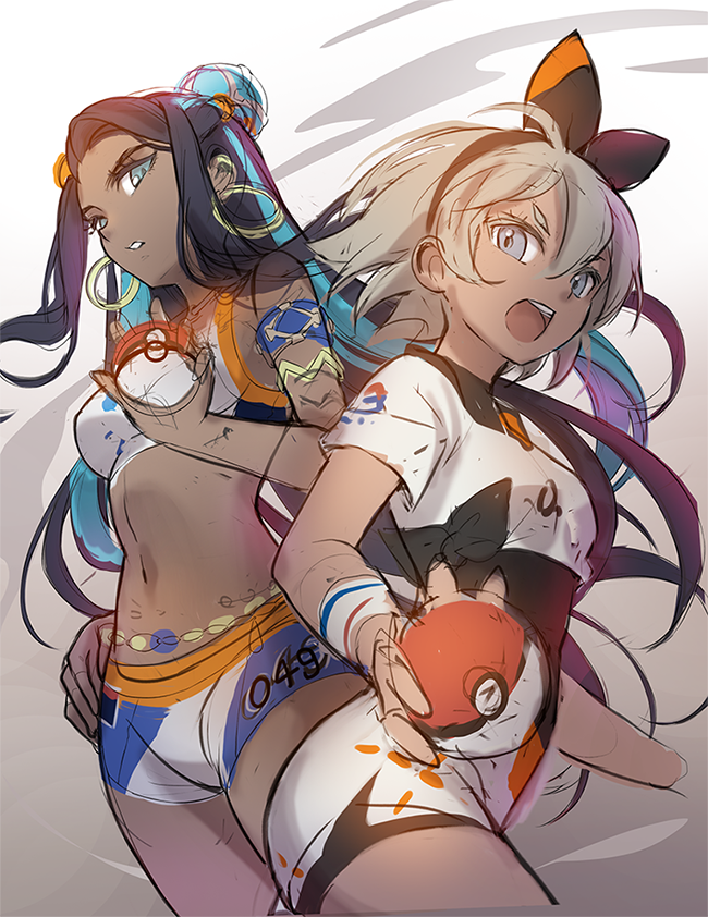 2girls armlet bangs bea_(pokemon) belly_chain bike_shorts black_bodysuit black_hair black_hairband blue_eyes blue_hair bodysuit bodysuit_under_clothes bow_hairband commentary_request dark_skin dark-skinned_female dynamax_band earrings eyelashes floating_hair grey_eyes grey_hair gym_leader hair_between_eyes hair_bun hairband holding holding_poke_ball hoop_earrings ika_(4801055) jewelry korean_commentary long_hair multicolored_hair multiple_girls navel nessa_(pokemon) open_mouth parted_lips poke_ball poke_ball_(basic) pokemon pokemon_(game) pokemon_swsh print_shirt print_shorts shirt short_sleeves shorts sketch tongue two-tone_hair upper_teeth