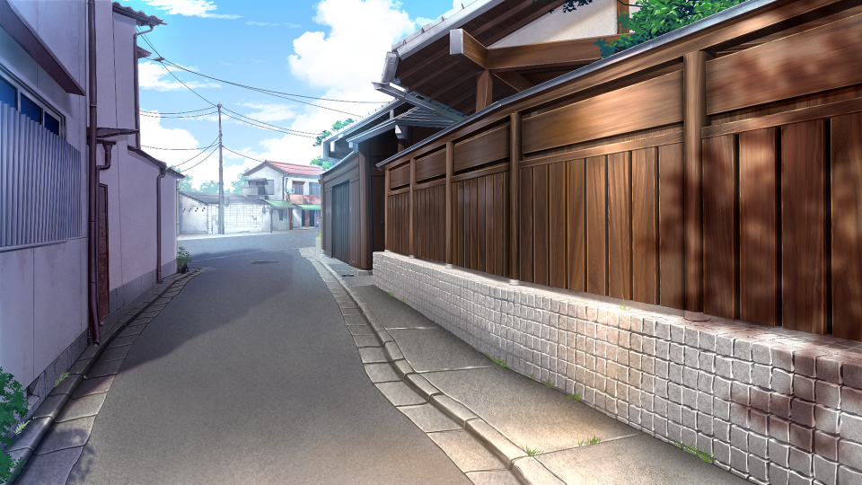 brick_wall building day fence no_humans o_(rakkasei) original outdoors power_lines road scenery street utility_pole window