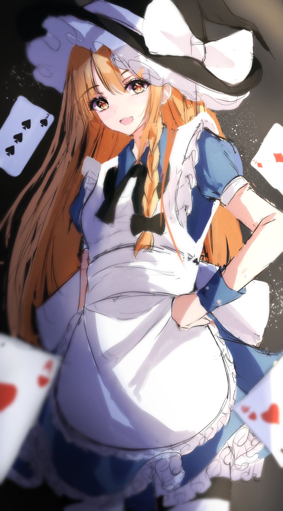 .me 1girl :d apron blonde_hair blue_dress braid card commentary_request cowboy_shot dark_background diamond_(shape) dress grey_background hand_on_hip hat heart highres kirisame_marisa light_blush long_hair looking_at_viewer open_mouth playing_card side_braid simple_background single_braid sketch smile solo spade_(shape) touhou very_long_hair witch_hat yellow_eyes