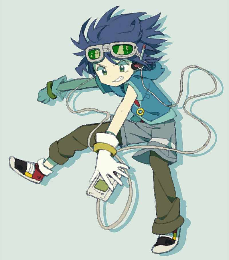 1boy bangs blue_background blue_hair blue_hoodie blue_jacket blue_theme brown_pants bukiko commentary_request drop_shadow earphones eyewear_on_head game_boy gloves goggles green-tinted_eyewear green_eyes grey-framed_eyewear grey_shorts grin handheld_game_console happy holding holding_handheld_game_console hood hoodie humanization jacket jumping looking_down male_focus multicolored_footwear pants red_shirt shirt shoes short_hair short_sleeves shorts sidelocks sideways_mouth simple_background smile socks solo sonic_(series) sonic_the_hedgehog spread_legs teeth white_gloves white_legwear