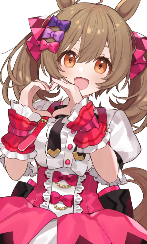 1girl :d animal_ears blush bow brown_eyes brown_hair chiri_(ch!) hair_between_eyes hair_bow heart heart_hands horse_ears horse_girl horse_tail long_hair open_mouth pink_bow puffy_short_sleeves puffy_sleeves purple_bow shirt short_sleeves simple_background smart_falcon_(umamusume) smile solo tail twintails umamusume white_background white_shirt