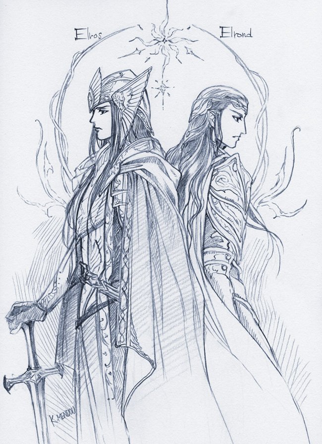 2boys armor back-to-back brothers cape closed_mouth elrond elros full_armor holding holding_sword holding_weapon kazuki-mendou limited_palette long_hair multiple_boys one-hour_drawing_challenge pauldrons shoulder_armor siblings signature silmarillion sword traditional_media weapon