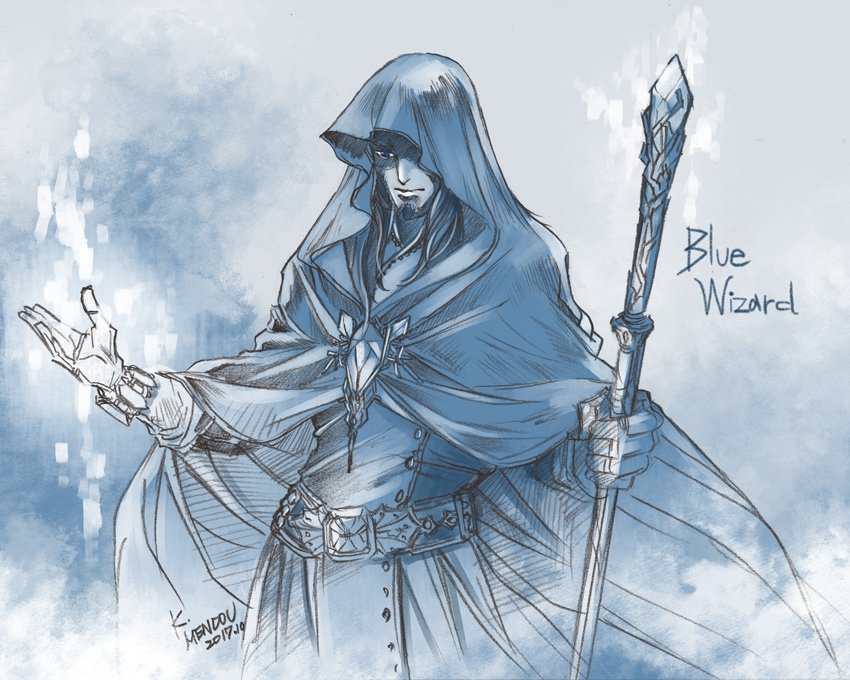 1boy beard belt blue_theme blue_wizard_(silmarillion) bracelet cloak closed_mouth dated facial_hair holding holding_staff hood hood_up hooded_cloak jewelry kazuki-mendou long_hair male_focus monochrome one-hour_drawing_challenge signature silmarillion smile solo staff standing