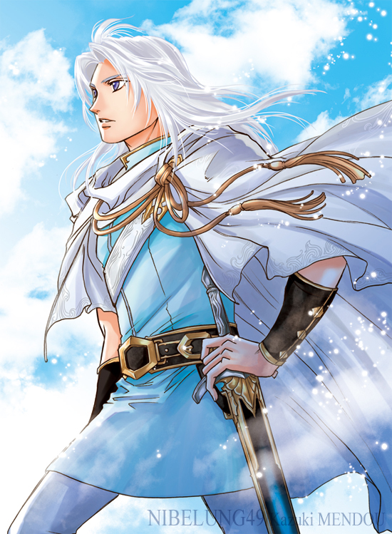 1boy belt black_belt blue_sky cape day floating_hair hand_on_hip holding holding_sword holding_weapon kazuki-mendou male_focus nibelungenlied outdoors pants parted_lips scabbard sheath sheathed siegfried_(nibelungenlied) sky solo sword tunic violet_eyes weapon white_cape white_hair