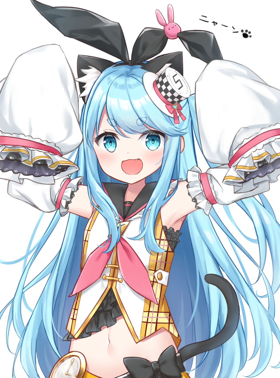 1girl animal_ear_fluff animal_ears black_bow blue_eyes blush bow bunny_hair_ornament cat_ears checkered checkered_headwear commentary_request detached_sleeves fake_animal_ears fang flat_chest hair_ornament hands_up hat highres kinakon light_blue_hair long_hair looking_at_viewer midriff navel near_(sound_voltex) nyan onomatopoeia sleeves_past_fingers sleeves_past_wrists smile solo sound_voltex stomach tail thick_eyebrows tilted_headwear translated vest white_background wide_sleeves