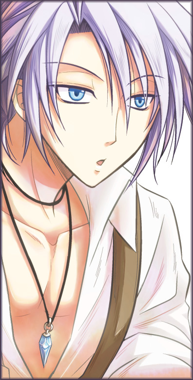 1boy :o bangs blacksmith_(ragnarok_online) blue_eyes collared_shirt commentary_request crystal eyebrows_visible_through_hair hair_between_eyes jewelry looking_afar male_focus necklace open_clothes open_mouth open_shirt ragnarok_online shiiiya shirt short_hair solo upper_body white_background white_hair white_shirt