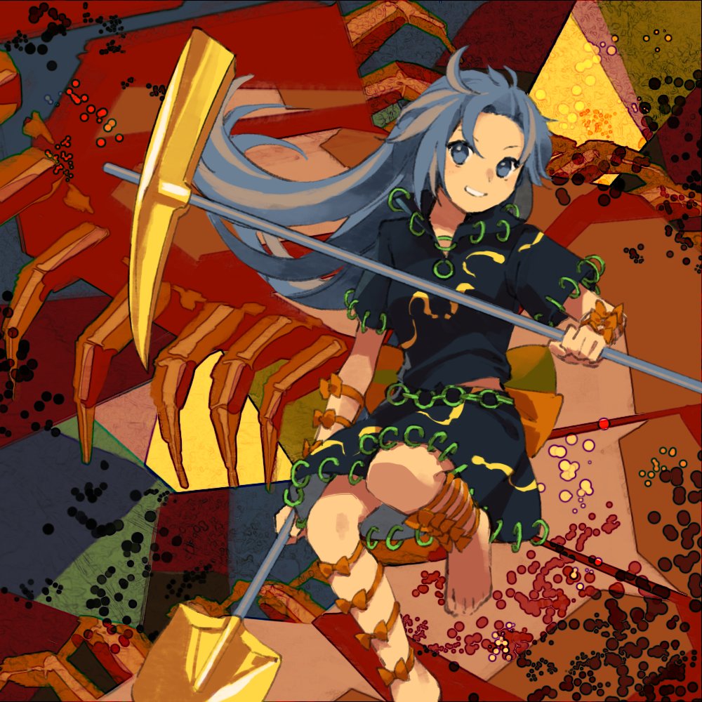 1girl bangs barefoot bug camouflage camouflage_skirt centipede grey_hair himemushi_momoyo holding holding_pickaxe holding_shovel insect kaigen_1025 long_hair looking_at_viewer mullet pickaxe shovel skirt smile solo tools touhou