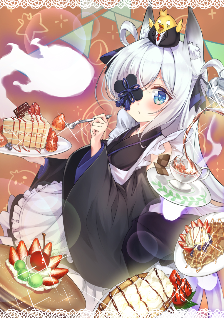 1girl alternate_costume animal_ears animal_on_head azur_lane blue_eyes blush cake caron_(straycat910) commentary_request cup food fox_ears hitodama kasumi_(azur_lane) long_hair maid manjuu_(azur_lane) on_head plate silver_hair simple_background teacup