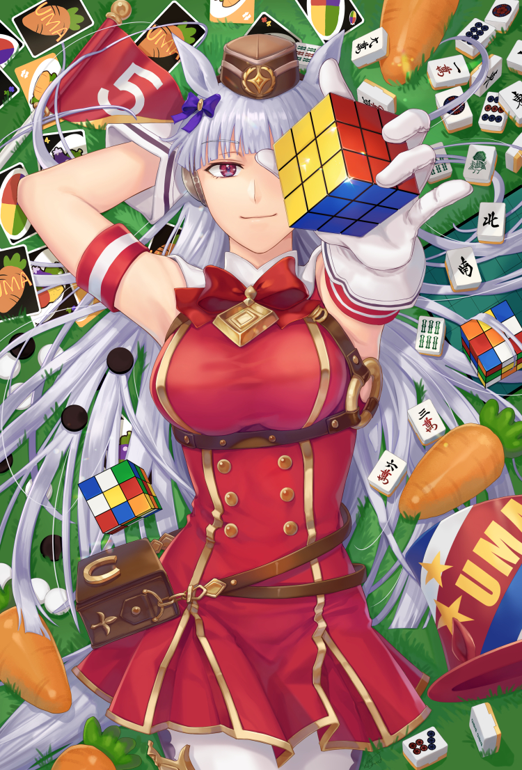 1girl animal_ears armband barham brand_name_imitation card carrot dress eyebrows_visible_through_hair gloves gold_ship_(umamusume) hat holding holding_toy horse_ears long_hair looking_at_viewer lying mahjong mahjong_tile on_back one_eye_covered outstretched_arm playing_card red_dress red_eyes red_neckwear rubik's_cube sleeveless sleeveless_dress smile solo top_hat toy umamusume uno_(game) waistpack white_gloves white_hair