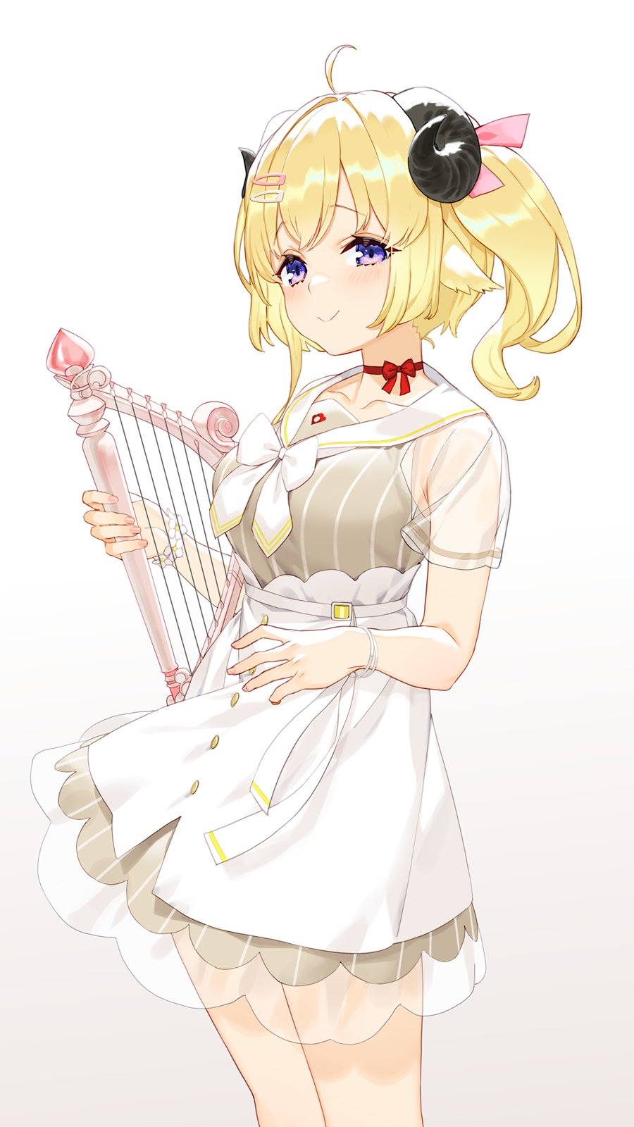 1girl ahoge animal_ears asymmetrical_hair blonde_hair blush bow bowtie bracelet breasts choker closed_mouth collarbone commentary cowboy_shot dress english_commentary eyebrows_visible_through_hair flower_bracelet gradient gradient_background grey_background grey_dress hair_ornament hair_ribbon hairclip harp highres holding holding_instrument hololive horns instrument izumi_sai jewelry looking_at_viewer medium_breasts medium_hair official_alternate_costume pink_ribbon red_choker ribbon see-through see-through_skirt see-through_sleeves sheep_ears sheep_horns short_sleeves side_ponytail simple_background skirt smile solo striped tsunomaki_watame vertical-striped_dress vertical_stripes violet_eyes virtual_youtuber white_background white_bow